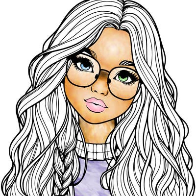 girl with long hair and freckles and glasses realistic