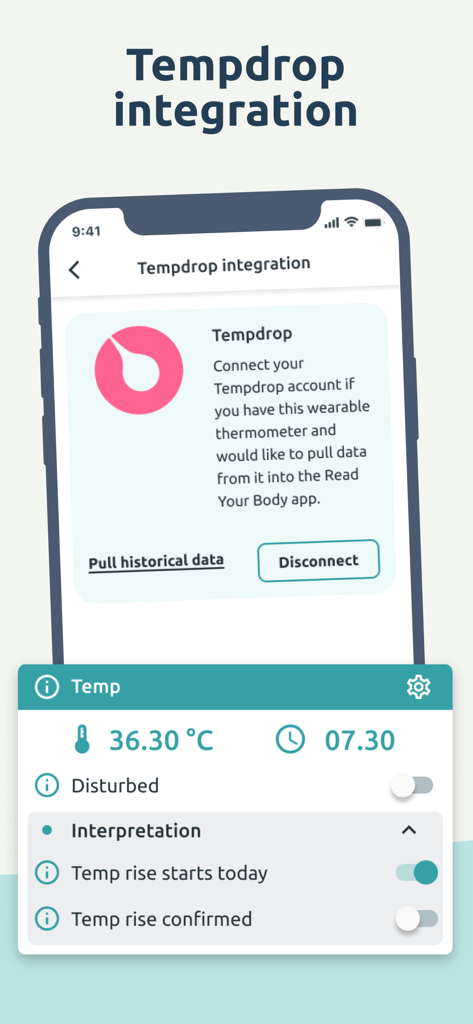 Read Your Body app screen showing Tempdrop integration and basal body temperature tracking data
