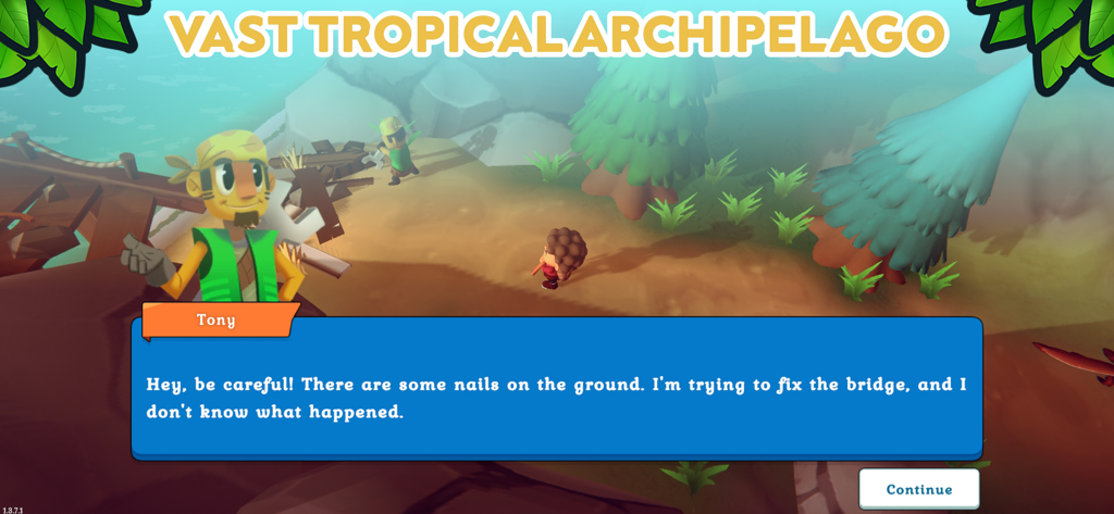 Spirit of the Island - El PNJ Tony hablando con el jugador en una escena de archipiélago tropical de Spirit of the Island