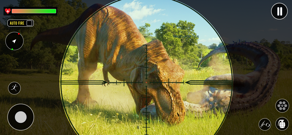 Un T-Rex enfocado a través de la mira de un francotirador en el juego Wild Dino Hunt