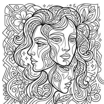 Dive into a world of artistic expression with this intricate abstract portrait coloring page. Featuring multiple faces woven into a tapestry of swirling lines and patterns, it promises a uniquely captivating creative journey.