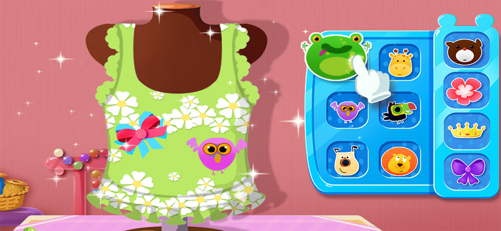 Little Fashion Tailor 2 - A green floral dress on a mannequin being decorated with cute animal stickers in the Little Fashion Tailor 2 game.