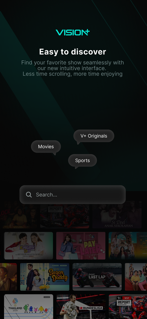 VISION+ - Vision Plus app search screen showcasing various Indonesian movies sports and original series