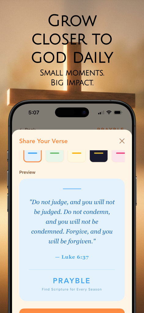 Prayble: Bible Widgets & Verse - A mobile interface for sharing Bible verses with customizable aesthetic color themes and a preview of Luke 6 37