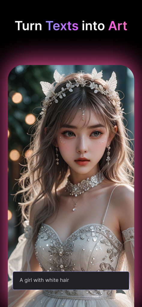 MyEdit: AI Photo Generator - MyEdit AI Photo Generatorアプリのインターフェース。テキストプロンプトから生成された女性のデジタルアートポートレートを表示しています。