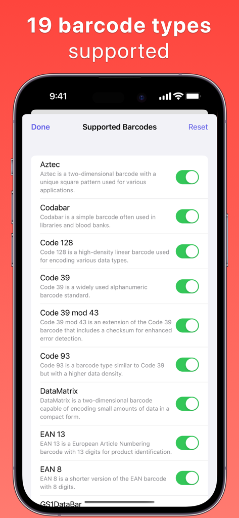 QR Barcode Generator Scanner - iPhone screen showing 19 supported barcode types in the QR Barcode Generator Scanner app including Aztec and Code 128