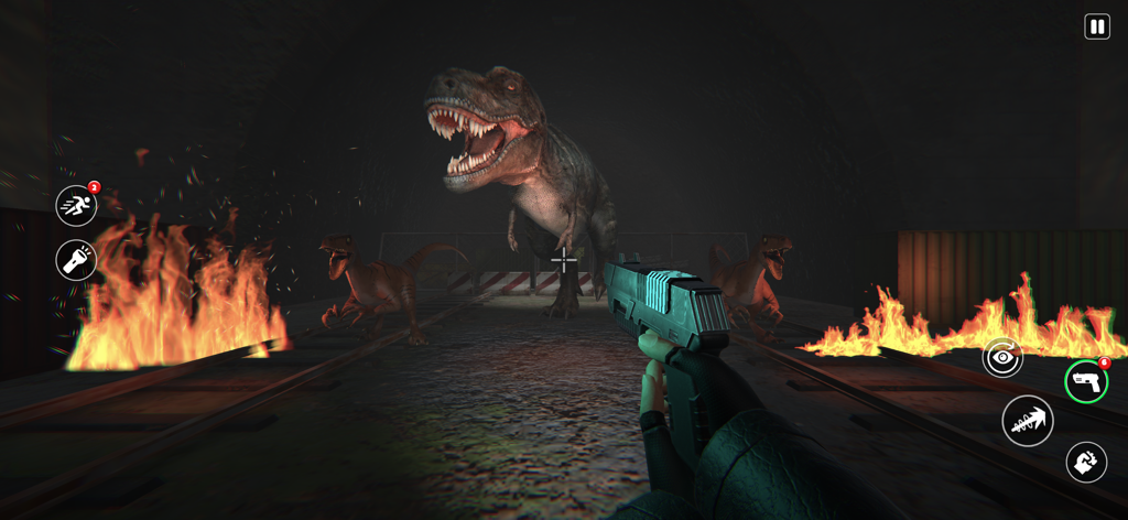 Uma perspectiva em primeira pessoa de um jogador mirando uma pistola em um T-Rex e vários raptores em um túnel escuro com fogo nos trilhos.