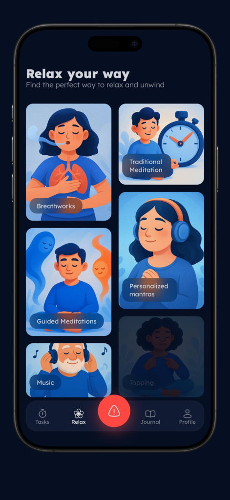 Calmora - Mindfulness - Calmora app interface showing a menu of relaxation options including breathworks and guided meditations