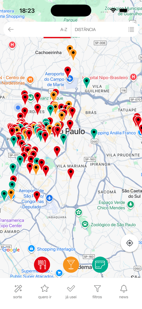Mappa interattiva di São Paulo che mostra i pin di ristoranti e intrattenimento per offerte "prendi uno, il secondo è gratis"