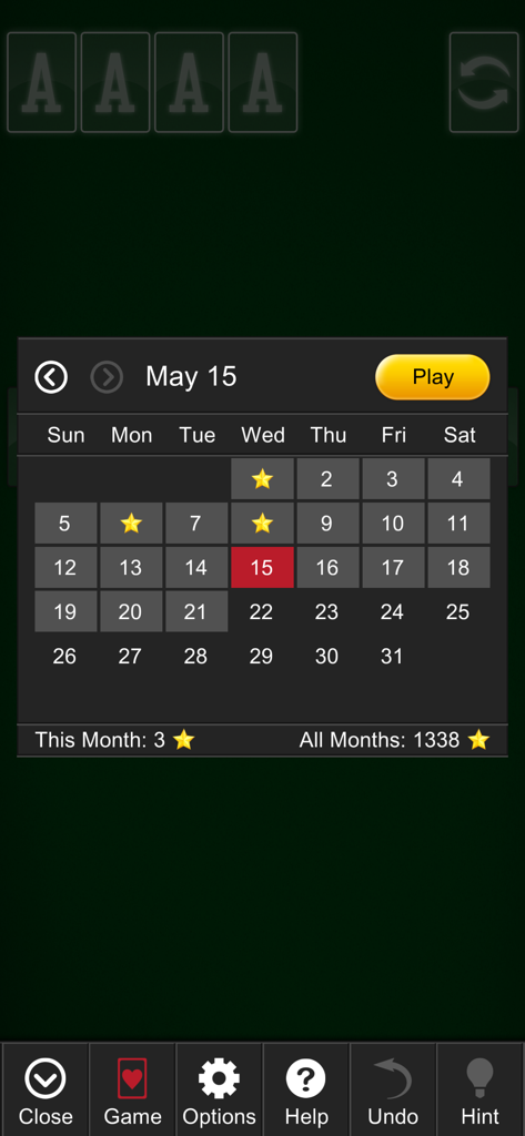 Solitaire Epic App zeigt den Kalender für tägliche Herausforderungen mit verdienten Sternen für abgeschlossene Spiele an.