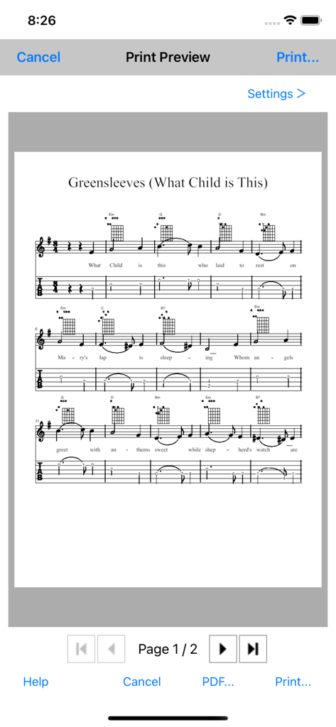 Crescendo Music - Druckvorschau von Noten mit Gitarrentabs und Akkorden in der Crescendo Music App.