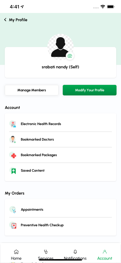 User profile interface of the myFortis healthcare app showing account options and health records
