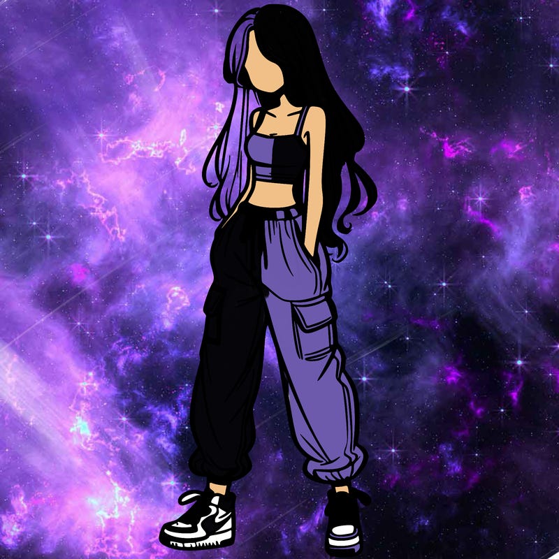 girl in baggy pants crop top and long hair