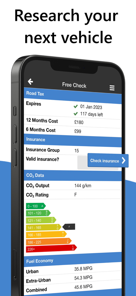 Total Car Check - Total Car Checkアプリのスクリーンショットに、車両のロードタックス、保険、CO2データ、燃費が表示されています