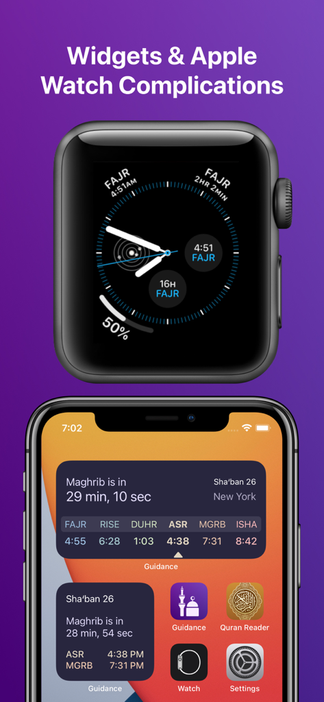 Guidance app Islamic prayer times displayed on iPhone widgets and Apple Watch complications.