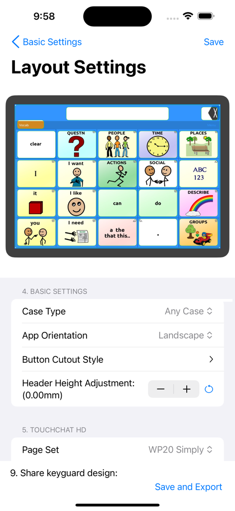Keyguard Designer - Pantalla de configuración del diseño en la aplicación Keyguard Designer que muestra opciones de personalización para la cuadrícula de un tablero de comunicación de TouchChat.