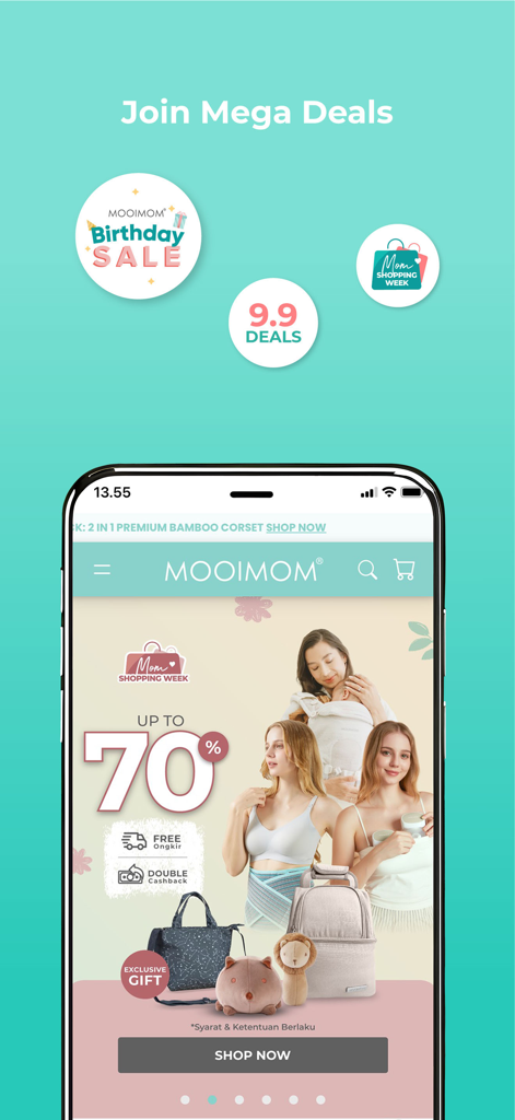 MOOIMOM SmartFlow® - Interface de l'application MOOIMOM SmartFlow montrant des méga offres et jusqu'à 70% de réduction sur les produits de maternité et pour bébé