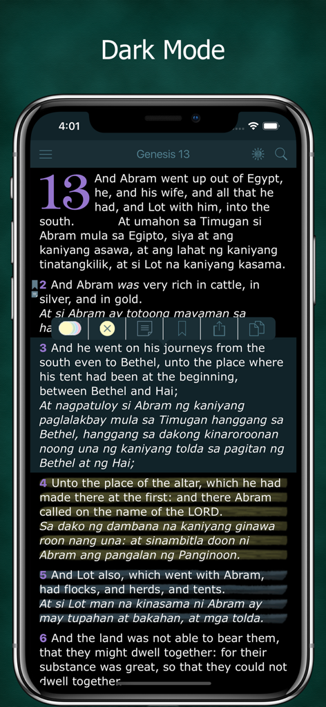 Tagalog and English bilingual Bible app interface in dark mode displaying Genesis chapter thirteen