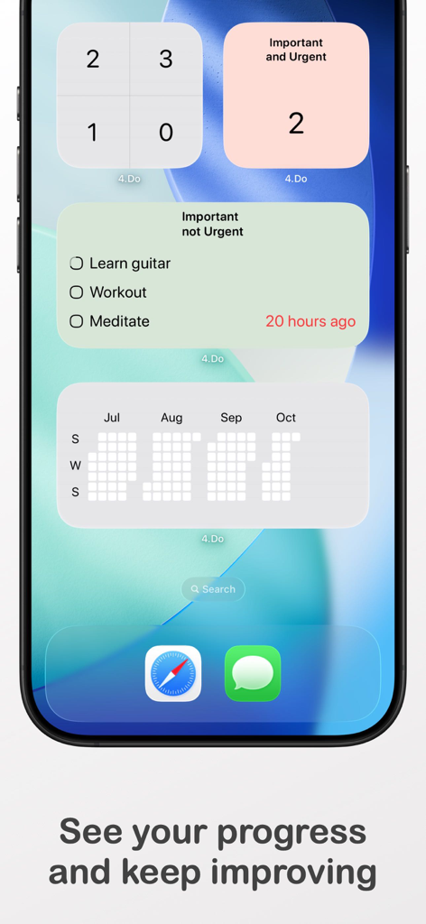 4.Do - Task, To do, Goal list - Pantalla del iPhone que muestra widgets de priorización de tareas y una cuadrícula de progreso.