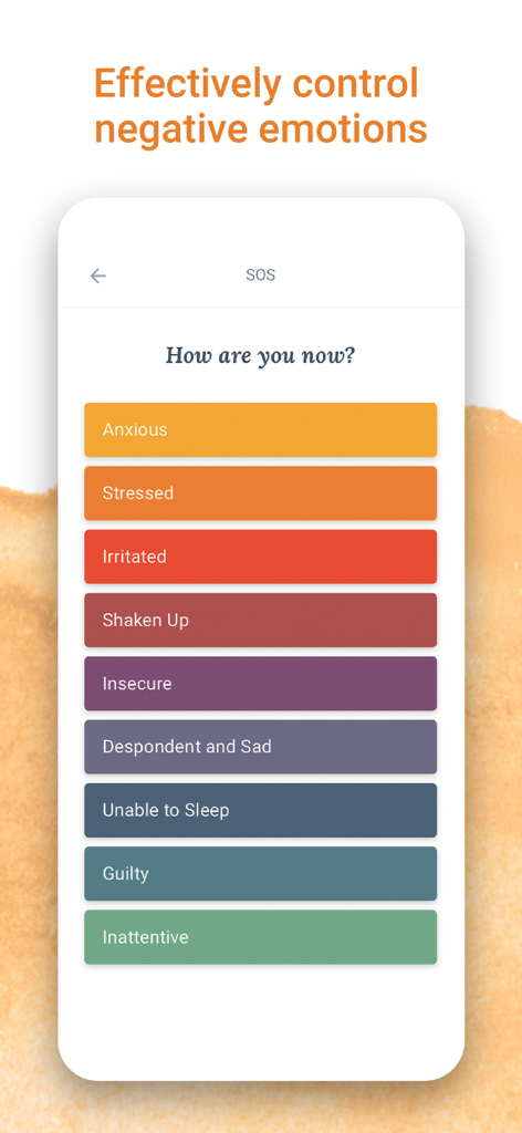 Cingulo: Healing and Growth - Cingulo app SOS interface asking how are you now with selection buttons for emotions like anxious and stressed