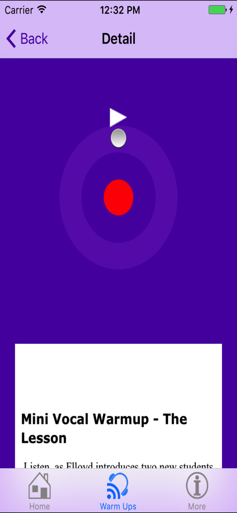 Being in Voice - Interface of the mini vocal warmup lesson in the Being in Voice app