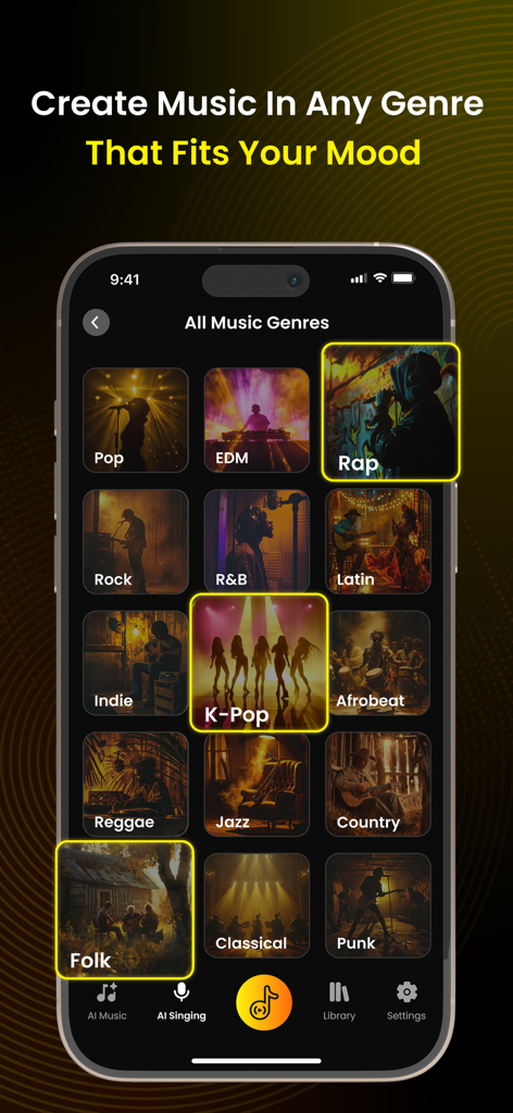 AI Song Generator Jukebox app interface showing a grid of various music genres including Pop, Rap, and K-Pop for song creation.