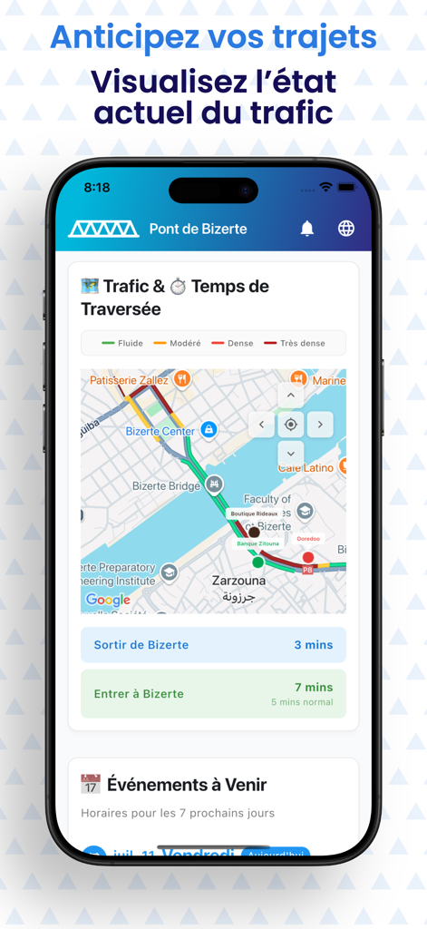 Pont-Bizerte.tn - Interfaz de la aplicación móvil que muestra el mapa de tráfico en tiempo real y los tiempos estimados de cruce del puente para Bizerte