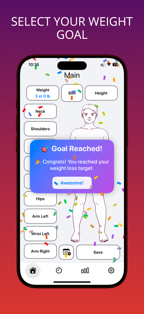 Body Tracker & Measurements - A celebratory screen in the Body Tracker app displaying a Goal Reached notification for a weight loss target with digital confetti.