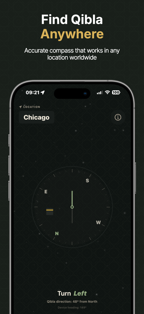 Prayer Pause: Salah & Focus - Digital Qibla compass interface showing direction to Mecca from Chicago