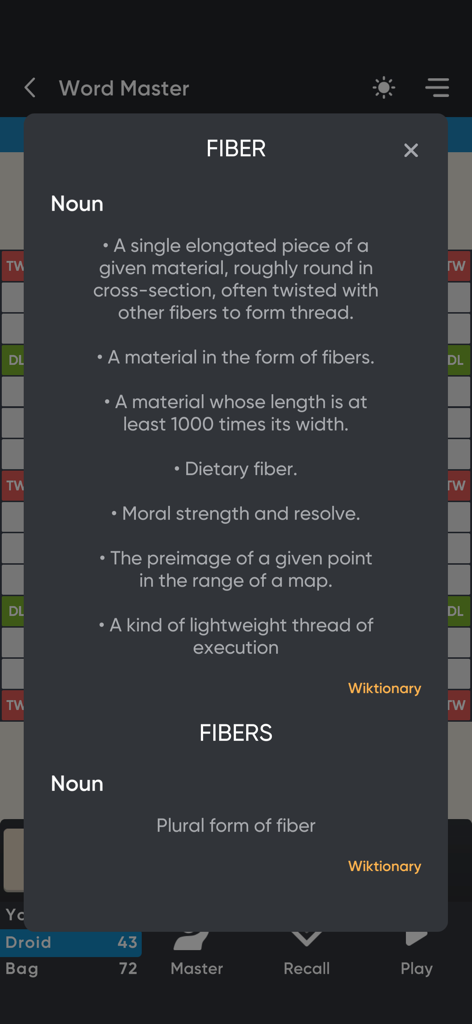 Dictionary definition pop up for the word fiber in Word Master Pro app
