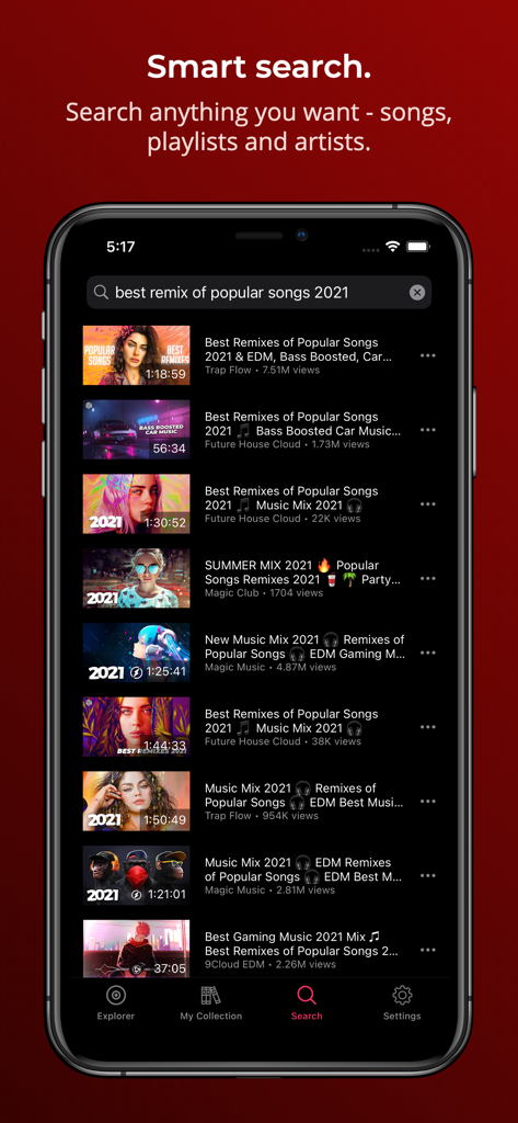 YoMuzik app smart search interface showing results for popular music remixes