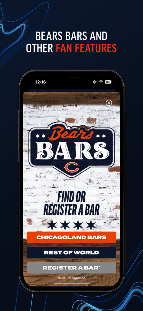 Chicago Bears Official App - Pantalla de la aplicación de los Chicago Bears que muestra la función Bears Bars para encontrar o registrar bares de fans en Chicagoland y en todo el mundo.