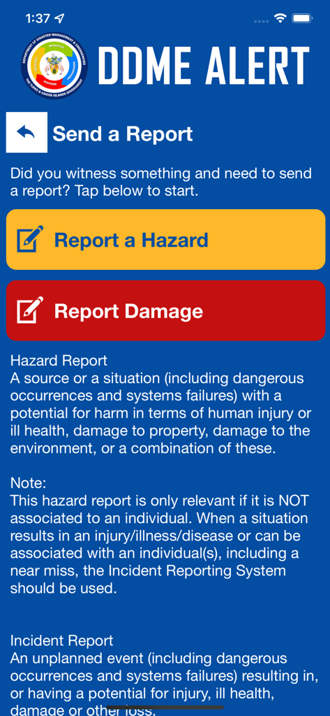 DDME Alert - Bildschirm "Gefahr melden" in der DDME Alert-App mit Schaltflächen zum Melden einer Gefahr oder Beschädigung.