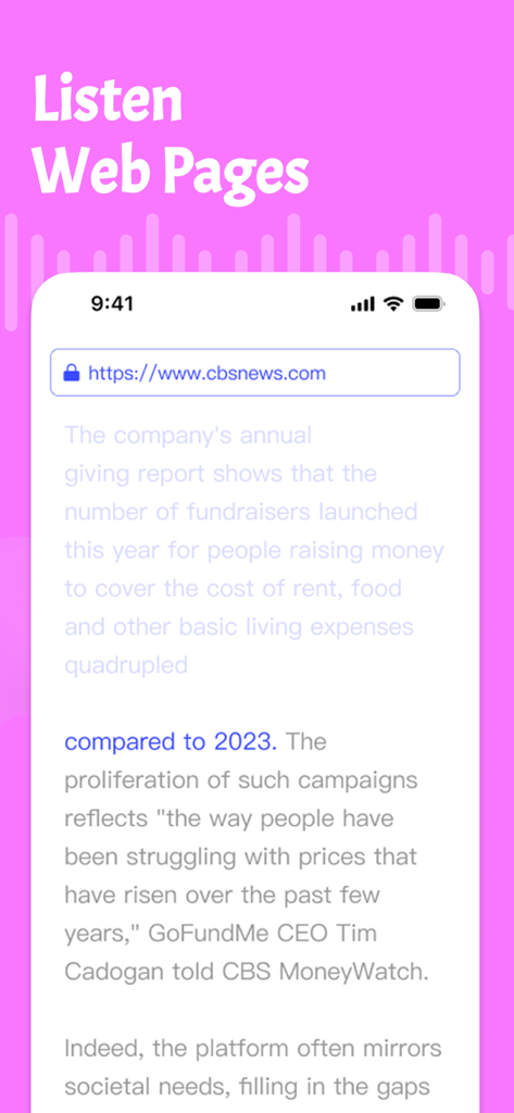 A mobile app interface showing the Listen Web Pages feature converting a news article into audio