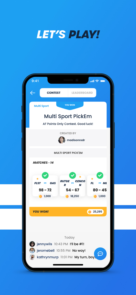 AngelFire Games app screen showing a multi-sport pick em contest win and user chat messages