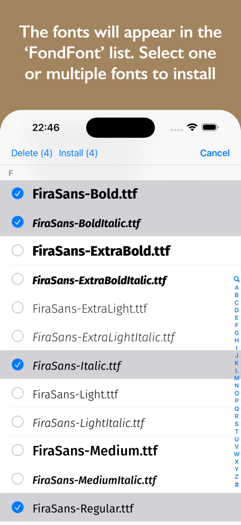 FondFont: Install System Fonts - Mobile app interface showing a list of FiraSans font variants selected for installation.