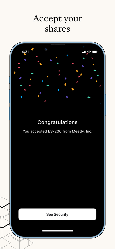 Carta mobile app screen showing a successful equity share acceptance message with celebratory confetti.