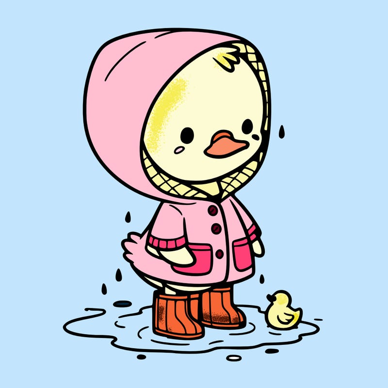 baby duck in a rain coat and boots, in a puddle while it’s raining