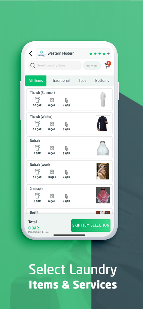 Quick Serve(Quick Maid) - Quick Serve app interface for selecting traditional laundry items and services like Thawbs and Gutrahs