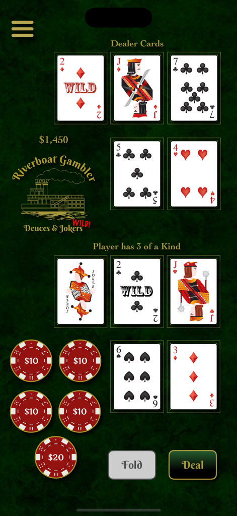 Riverboat Gambler - Gameplay screen of Deuces and Jokers Wild poker game featuring dealer cards player cards with three of a kind and casino betting chips