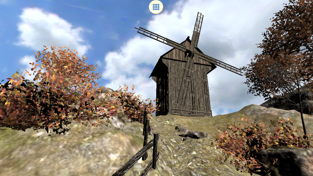 Molino de viento de madera renderizado en 3D en un paisaje medieval con árboles de otoño