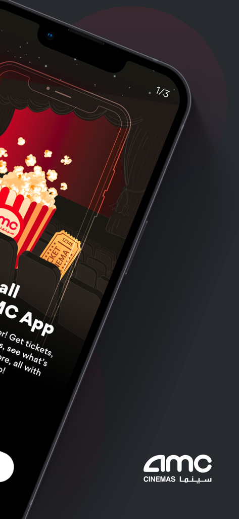 AMC Cinemas KSA - AMC Cinemas KSA app interface showing cinema screen popcorn and movie tickets