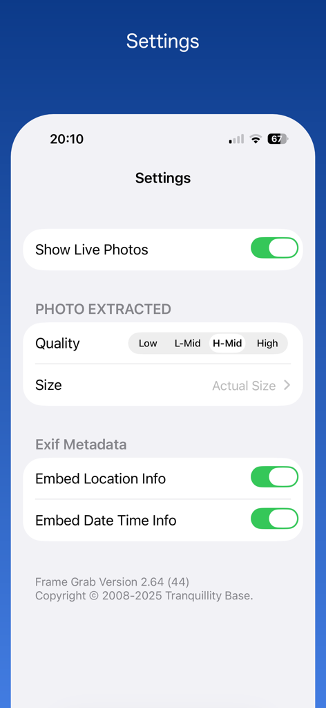Frame Grab - Schermata delle impostazioni dell'app Frame Grab che mostra opzioni per la qualità della foto, le dimensioni e i metadati