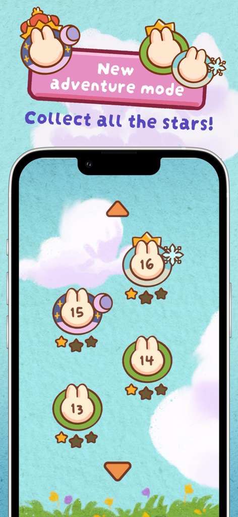 Pop Pop Bunny! Merge Game - Pop Pop Bunny Adventure Mode screen showing numbered levels and star rankings