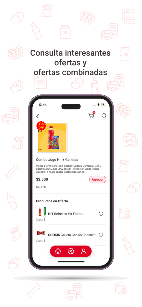 Tela do aplicativo OXXO Domicílios mostrando uma oferta combinada de suco e biscoitos