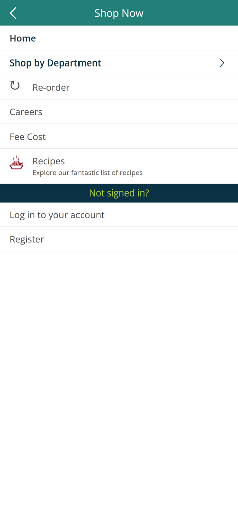 The Market Supermarketアプリのメインナビゲーションメニュー。ショッピングカテゴリーとアカウントログインオプションが表示されています。