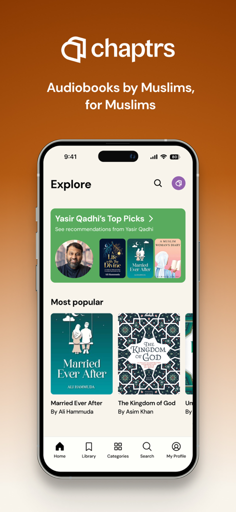 Chaptrs app explore interface showing a selection of Islamic audiobooks and scholar recommendations.