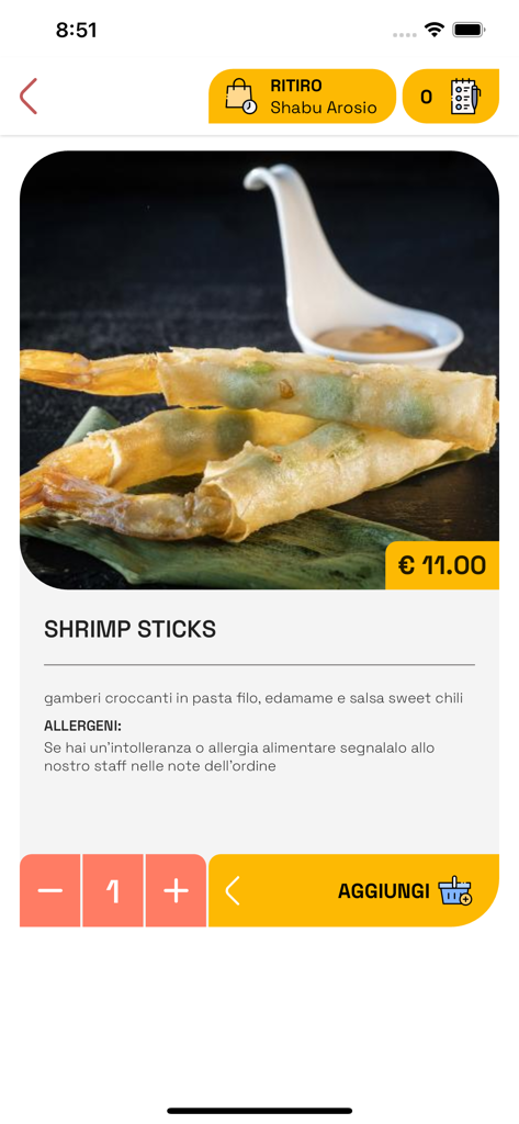 Shabu - il sushitalian - Mobile app screen for Shabu il sushitalian displaying a shrimp sticks menu item with price and add to cart button