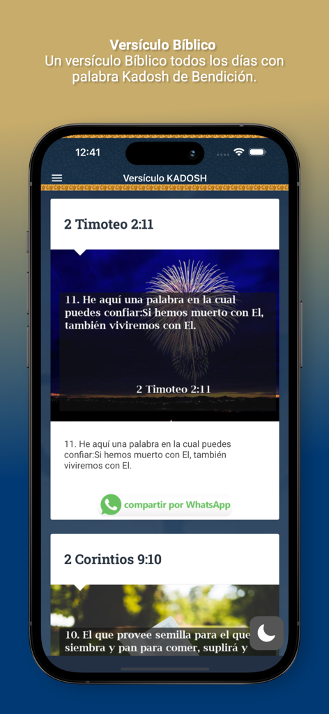 Biblia Kadosh - Daily Bible verse display in the Biblia Kadosh app with a WhatsApp sharing option.