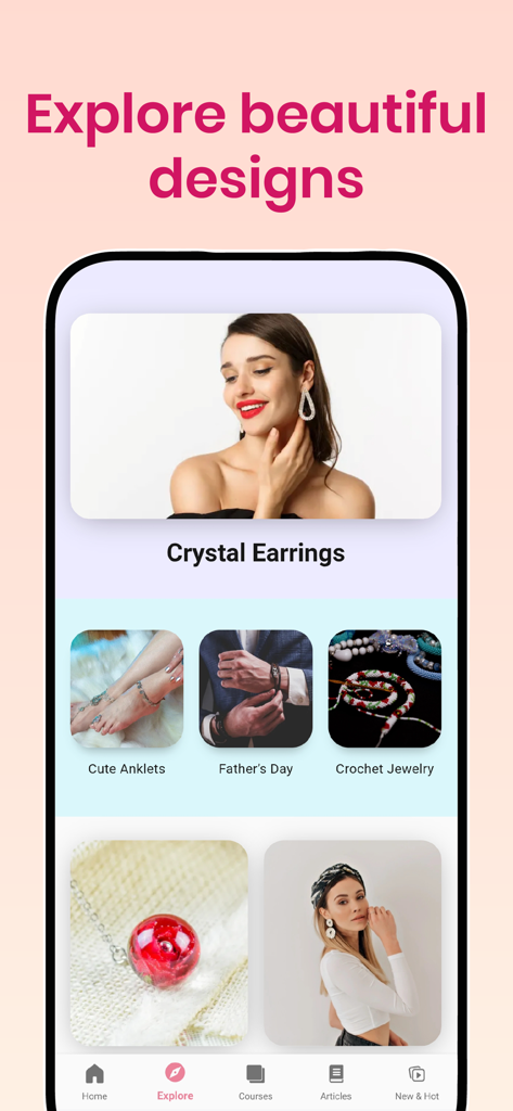 Jewelry Design: DIY Maker App - A mobile app screen displaying different categories for DIY jewelry projects like earrings and anklets.